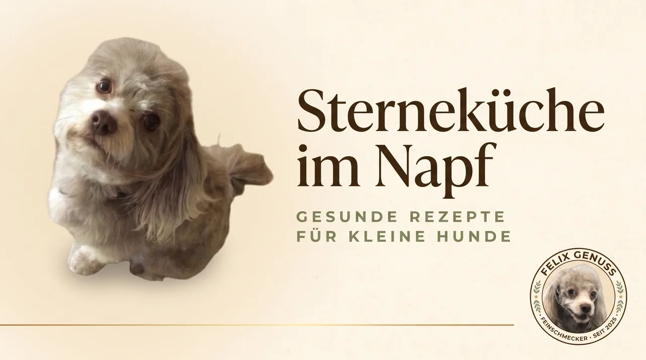 Felix, ein heller Bolonka Zwetna, sitzt neben dem Schriftzug Sterneküche im Napf